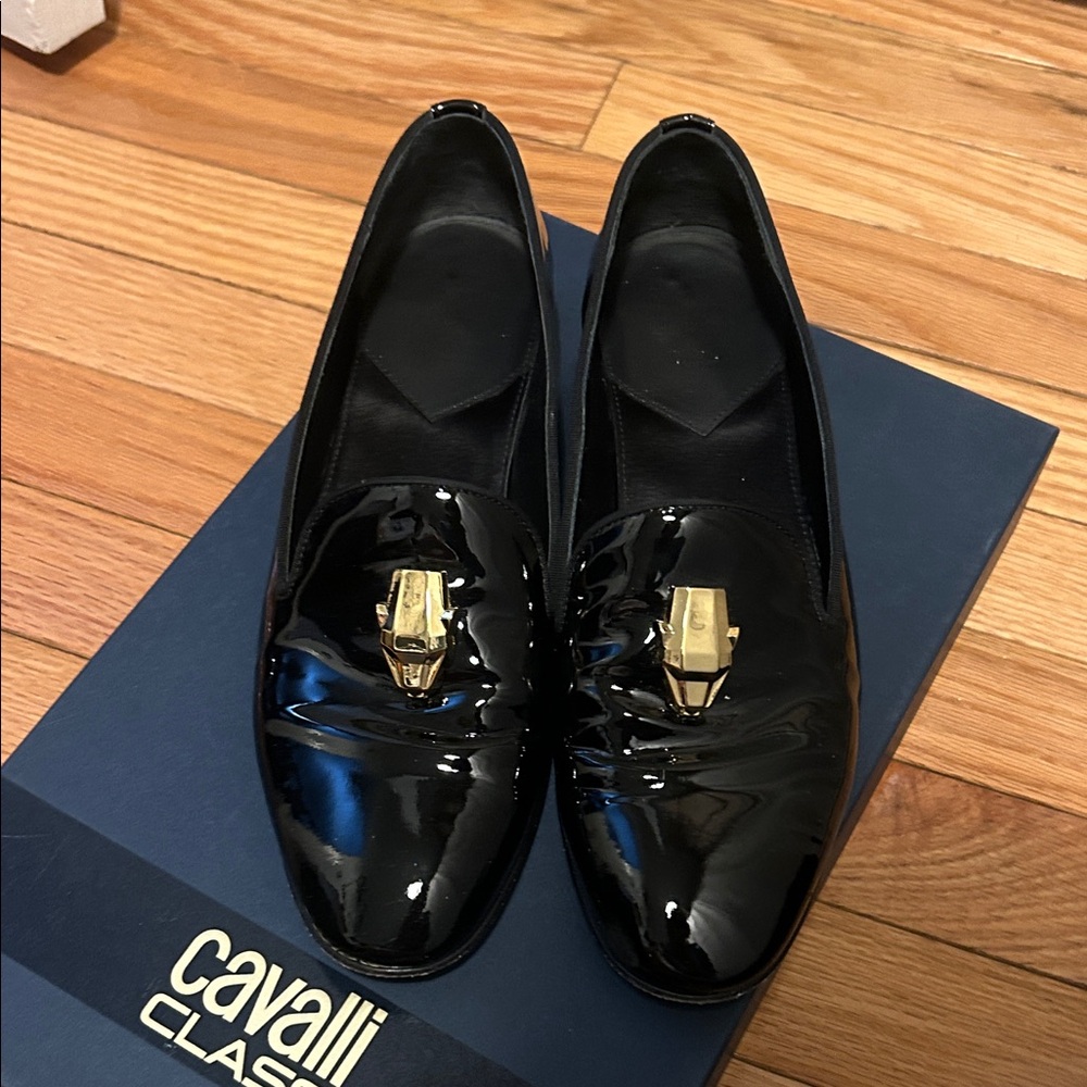 Cavalli Classic Black Patent Loafers with Gold Accent